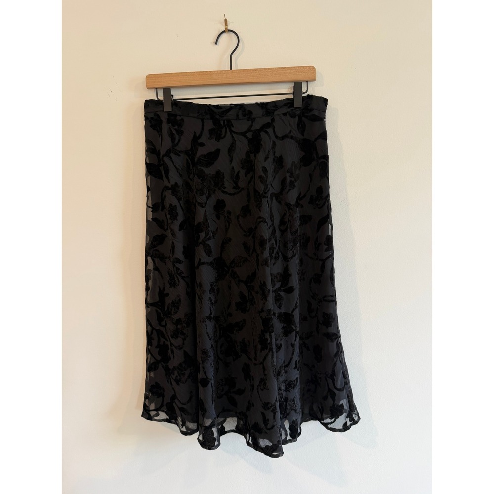 Talbots Black Velvet Burnout Floral Midi Skirt Lined Womens Size 10